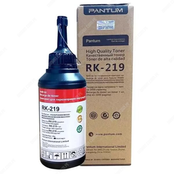 Botella De Recarga Toner Pantum RK-219 (PD-219) Black, Para Impresoras Pantum P2509W / M6509NW / M6559N / M6559NW / M6609N / M6609NW, Rendimiento 1.600 Páginas.