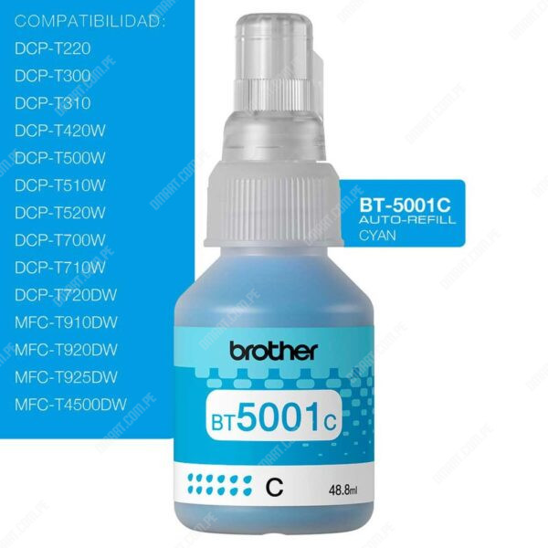 Botella De Tinta Brother BT5001C Color Cyan. Para Impresoras Brother HL-T4000DW / T420W-V / T426W / T910DW / T920DW / T4500DW. Rendimiento 5.000 Páginas.