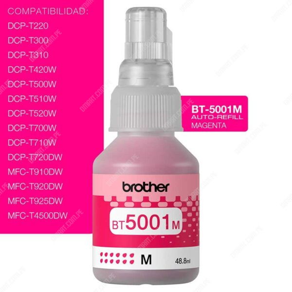 Botella De Tinta Brother BT5001M Color Magenta. Para Impresoras Brother HL-T4000DW / T420W-V / T426W / T910DW / T920DW / T4500DW. Rendimiento 5.000 Páginas.