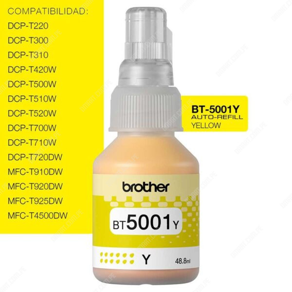 Botella De Tinta Brother BT5001Y Color Amarillo. Para Impresoras Brother HL-T4000DW / T420W-V / T426W / T910DW / T920DW / T4500DW. Rendimiento 5.000 Páginas.