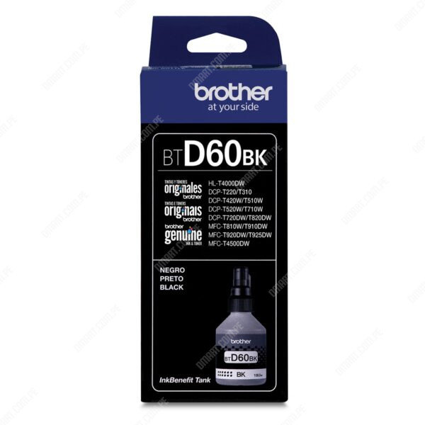 Botella De Tinta Brother BTD60BK Color Negro. Para Impresoras Brother HL-T4000DW / T420W-V / T426W / T910DW / T920DW / T4500DW. Rendimiento 6.500 Páginas.