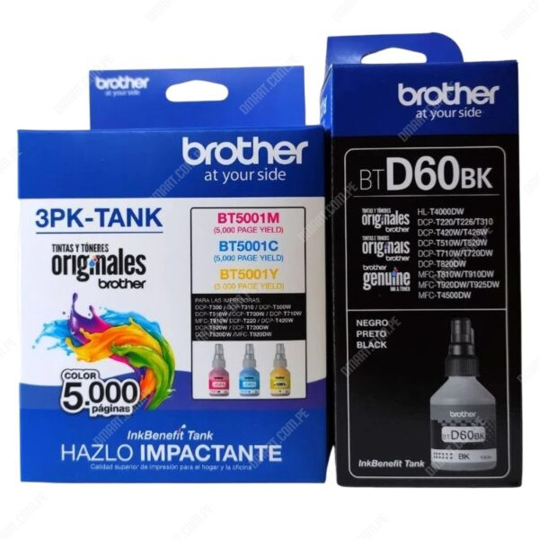 Juego De Tinta Brother BTD60BK | BT5001C | BT5001M | BT5001Y | Negro & Color Cyan Magenta Amarillo. Para Imp Brother HL-T4000DW / T420W-V / T426W / T4500DW.