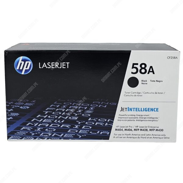 Toner Original Hp 58A CF258A Black, Para Impresoras HP LaserJet Pro M404dn / M404dw / M404n / M428fdn / M428fdw. Rendimiento 3.000 Páginas.