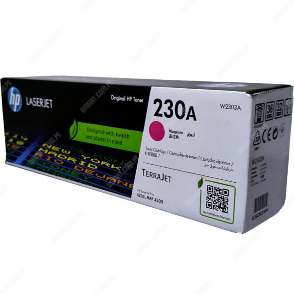 Toner Original Hp W2303A 230A Color Magenta, Para Impresoras HP Color LaserJet Pro 4203dw / Pro MFP 4303fdw. Rendimiento 1.800 Páginas.