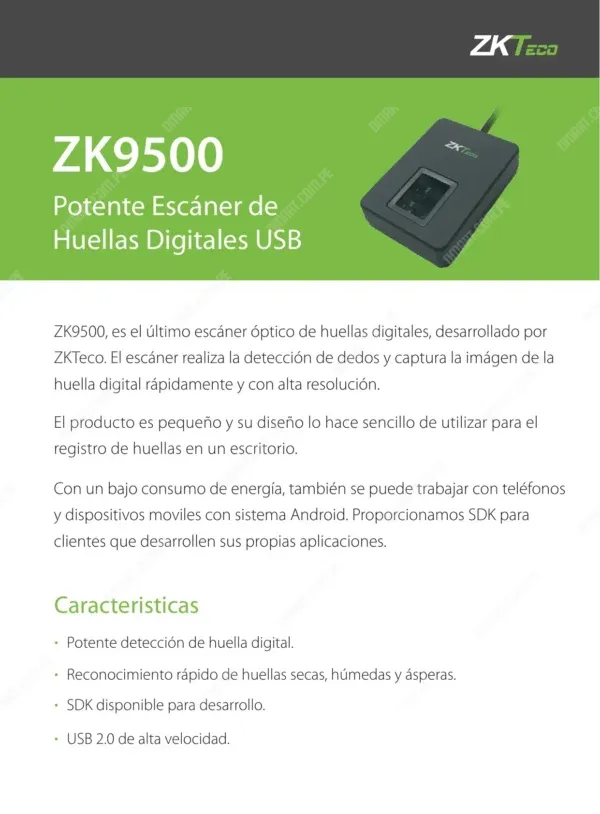 Lector Biometrico De Huella Digital Zkteco ZK9500 USB, Enrolador, Material Optico, CPU 280MH z DSP, Flash 32 MB, Calidad de imágen 2 millones de píxeles CMOS.