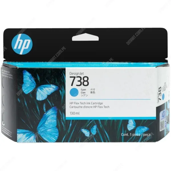 Cartucho De Tinta Hp 498N5A (738) Color Cyan, Para Impresora e Plotter Multifunción Hp DesignJet T850 / T950 MFP Series, Volumen De Tinta 130 Mililitros.