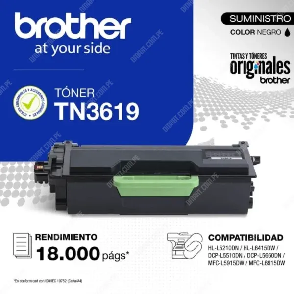 Cartucho De Toner Brother TN3619 Black, Para Impresoras Brother DCP-L5510DN / DCP-L5660DN / MFC-L5915DW / MFC-L6915DW, Rendimiento 18.000 Páginas.