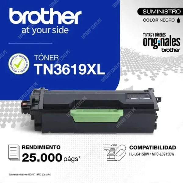 Cartucho De Toner Brother TN3619XL Black, Para Impresora Multifuncional Brother HL-L6415DW / MFC-L6915DW, Rendimiento 25.000 Páginas.