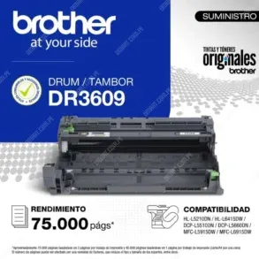 Unidad De Imagen Brother DR3609 TN3619 Drum Unit Black, Para Impresoras Brother DCP-L5510DN / DCP-L5660DN / MFC-L5915DW / MFC-L6915DW, Rendimiento 75.000 Páginas.