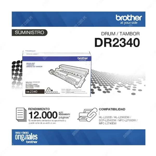 Unidad De Imagen Brother DR2340 Black, Para Impresoras Brother HL-L2360DW / DCP-L2540DW / MFC-L2700DW / MFC-L2720DW / MFC-L2740DW, Rendimiento 12.000 Páginas.