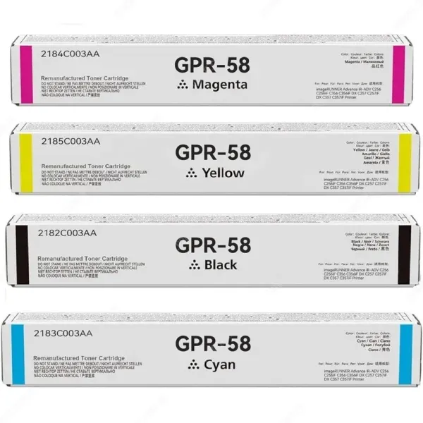 Toner Compatible Canon GPR-58 Color Negro Cyan Magenta Amarillo, Para Impresoras Canon imageRUNNER ADVANCE C256iF / C356iF / DX C257iF / C357iF (Juego Completo)