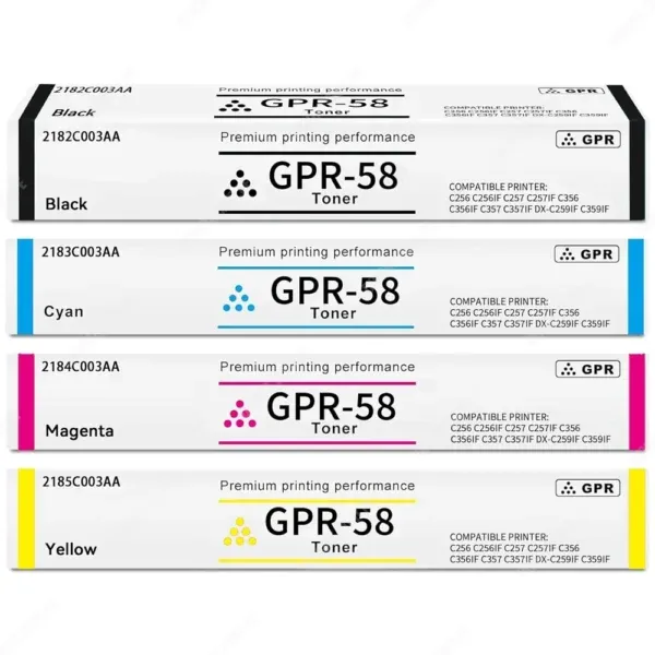 Toner Compatible Canon GPR-58 Color Negro Cyan Magenta Amarillo, Para Impresoras Canon imageRUNNER ADVANCE C256iF / C356iF / DX C257iF / C357iF (Juego Completo)