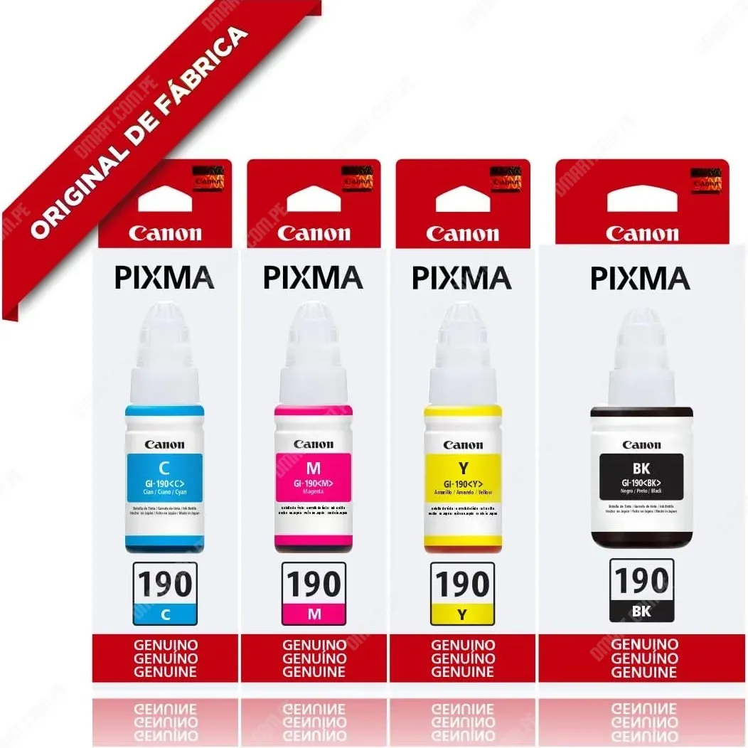 Tinta Canon GI-190 Color Negro Cyan Magenta Amarillo, Para Canon Pixma G1100 / G1110 / G2100 / G2101 / G2110 / G3100 / G3101 / G3110 / G4100 / G4110 / G4111.