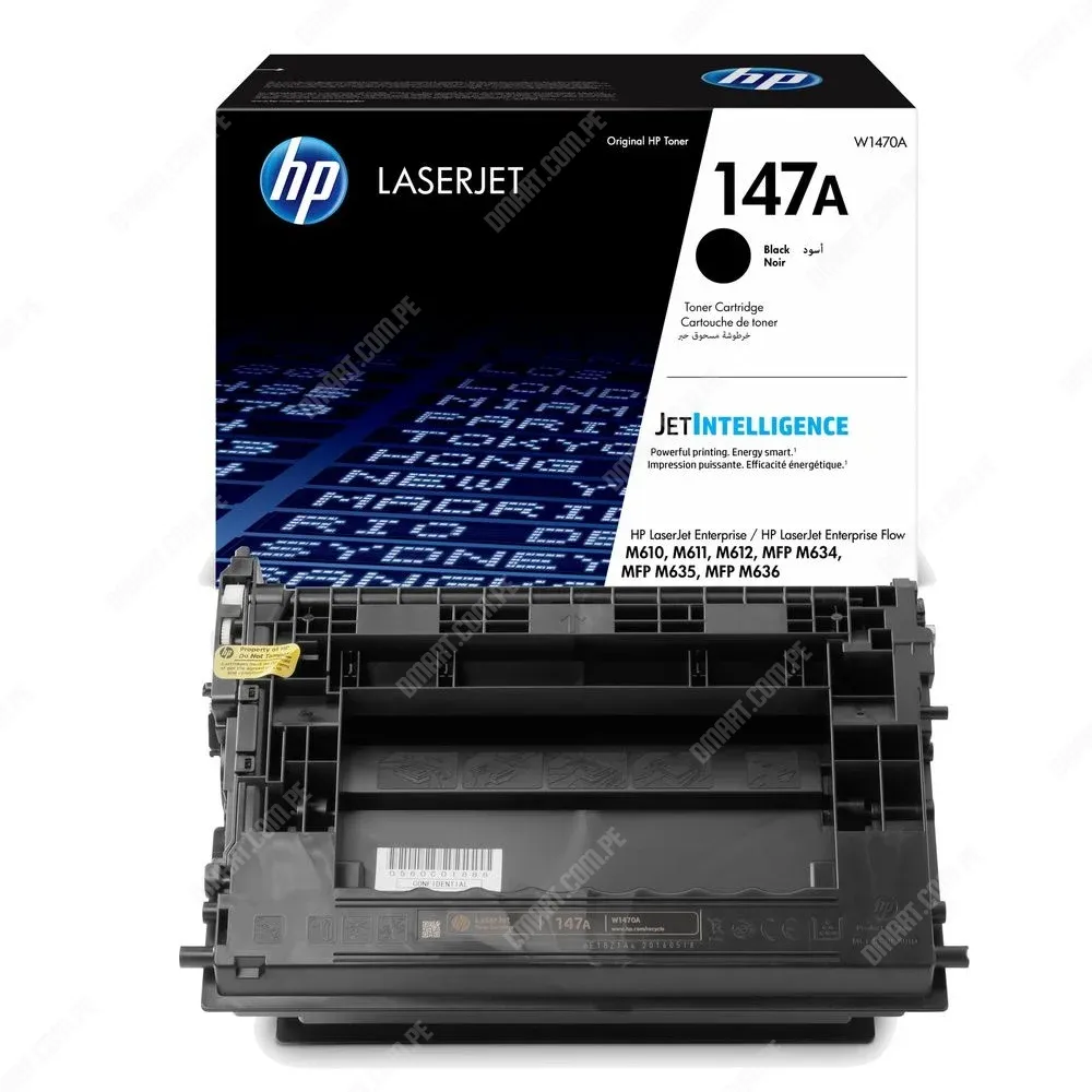 Toner Hp 147A W1470A Black, Compatible Con Hp LaserJet Enterprise M611dn / M611x / M612dn / MFP M635fht / M636fh / M636z, Rendimiento 10.500 Páginas.