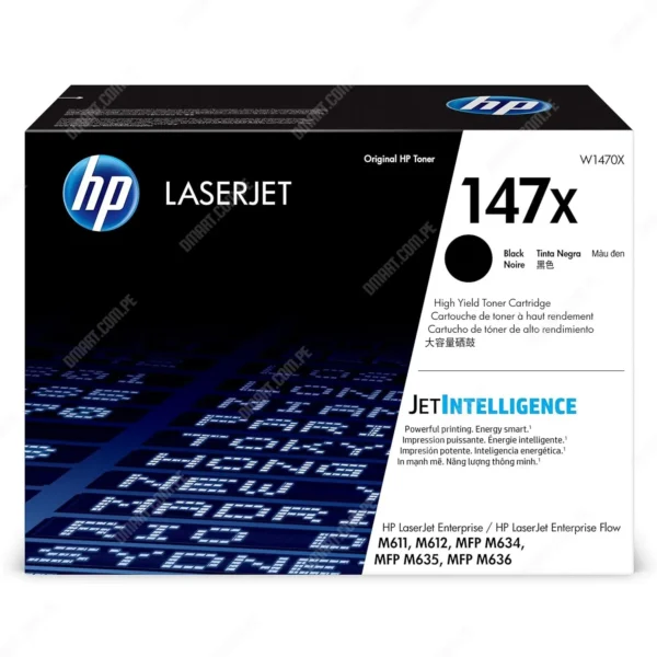 Toner Hp 147X W1470X Black, Para Impresoras Hp LaserJet Enterprise M611dn / M611x / M612dn / MFP M635fht / M636fh / M636z, Rendimiento 25.200 Páginas.